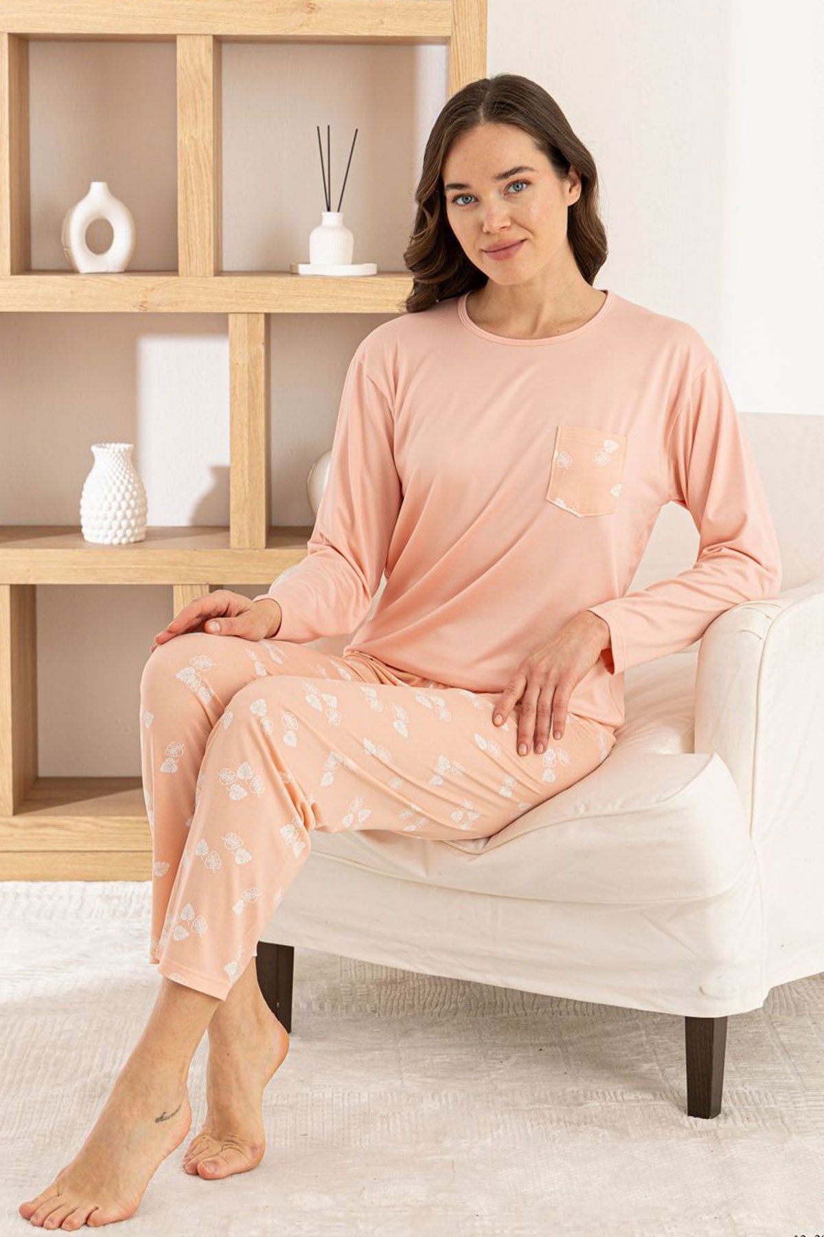 Pijamoni Kadın Pijama Takımı Uzun Kollu Bisiklet Yaka Milan Yaprak Desenli