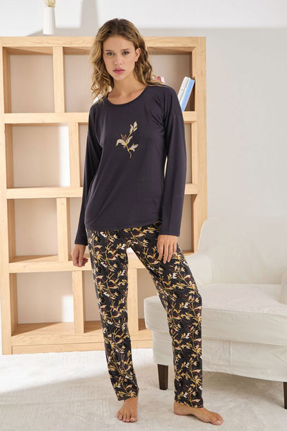 Pijamoni Kadın Pijama Takımı Uzun Kollu Bisiklet Yaka Sofia Desenli