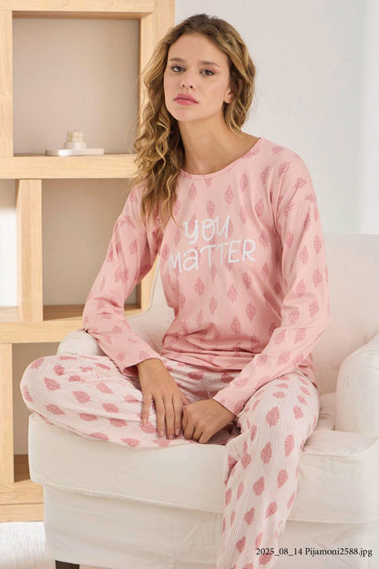 Pijamoni Kadın Pijama Takımı Uzun Kollu Bisiklet Yaka Sofia Desenli