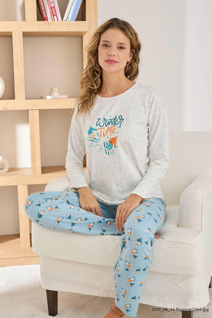 Pijamoni Kadın Pijama Takımı Uzun Kollu Bisiklet Yaka Sofia Winter Time