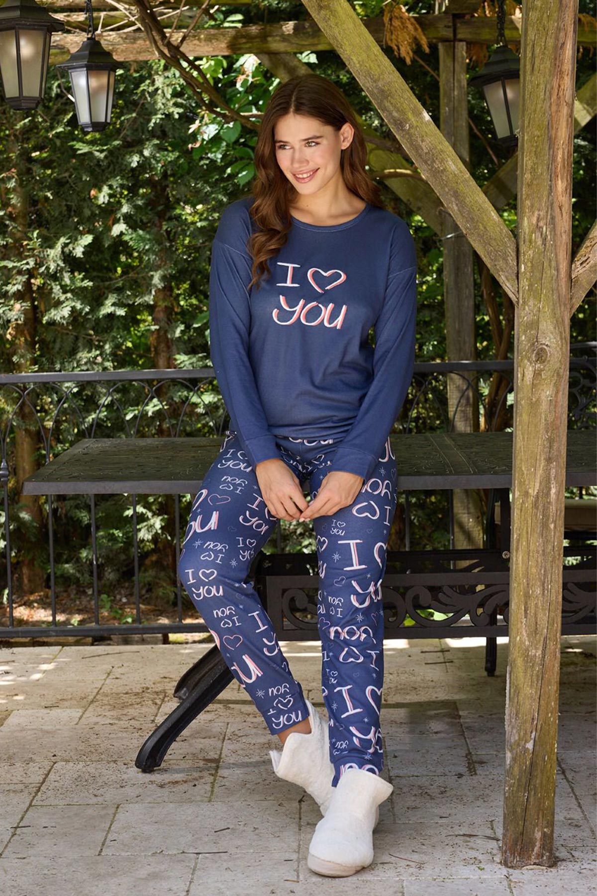 Pijamoni Kadın Pijama Takımı Uzun Kollu Bisiklet Yaka Termosoft Manşetli Paça
