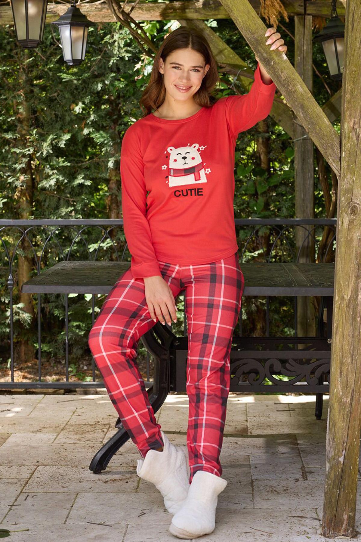Pijamoni Kadın Pijama Takımı Uzun Kollu Bisiklet Yaka Termosoft Manşetli Paça
