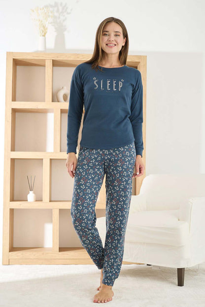 Pijamoni Kadın Pijama Takımı Uzun Kollu Bisiklet Yaka Termosoft Manşetli Paça