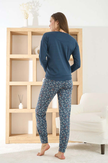 Pijamoni Kadın Pijama Takımı Uzun Kollu Bisiklet Yaka Termosoft Manşetli Paça