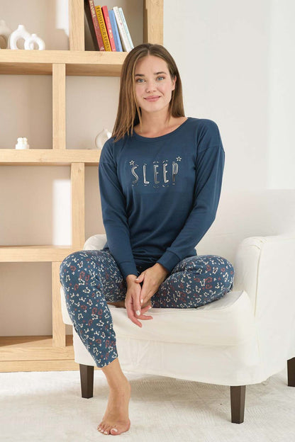 Pijamoni Kadın Pijama Takımı Uzun Kollu Bisiklet Yaka Termosoft Manşetli Paça
