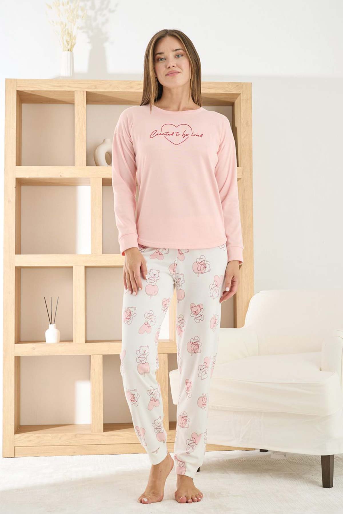 Pijamoni Kadın Pijama Takımı Uzun Kollu Bisiklet Yaka Termosoft Manşetli Paça