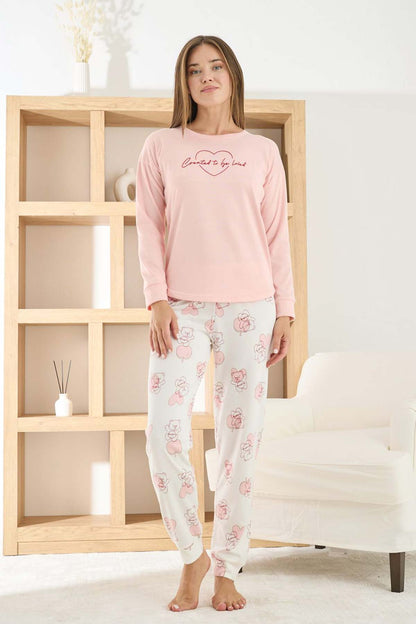 Pijamoni Kadın Pijama Takımı Uzun Kollu Bisiklet Yaka Termosoft Manşetli Paça