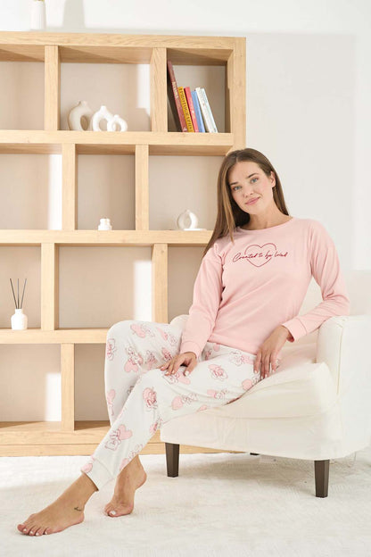 Pijamoni Kadın Pijama Takımı Uzun Kollu Bisiklet Yaka Termosoft Manşetli Paça
