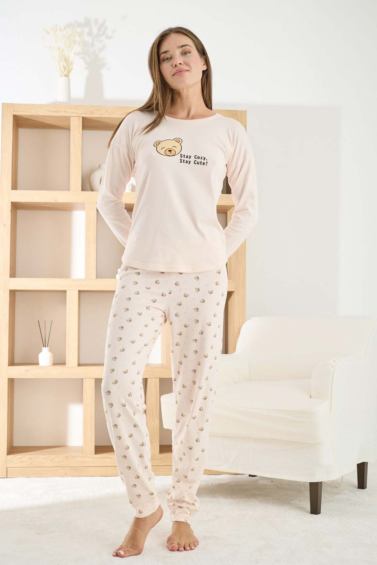 Pijamoni Kadın Pijama Takımı Uzun Kollu Bisiklet Yaka Termosoft Manşetli Paça
