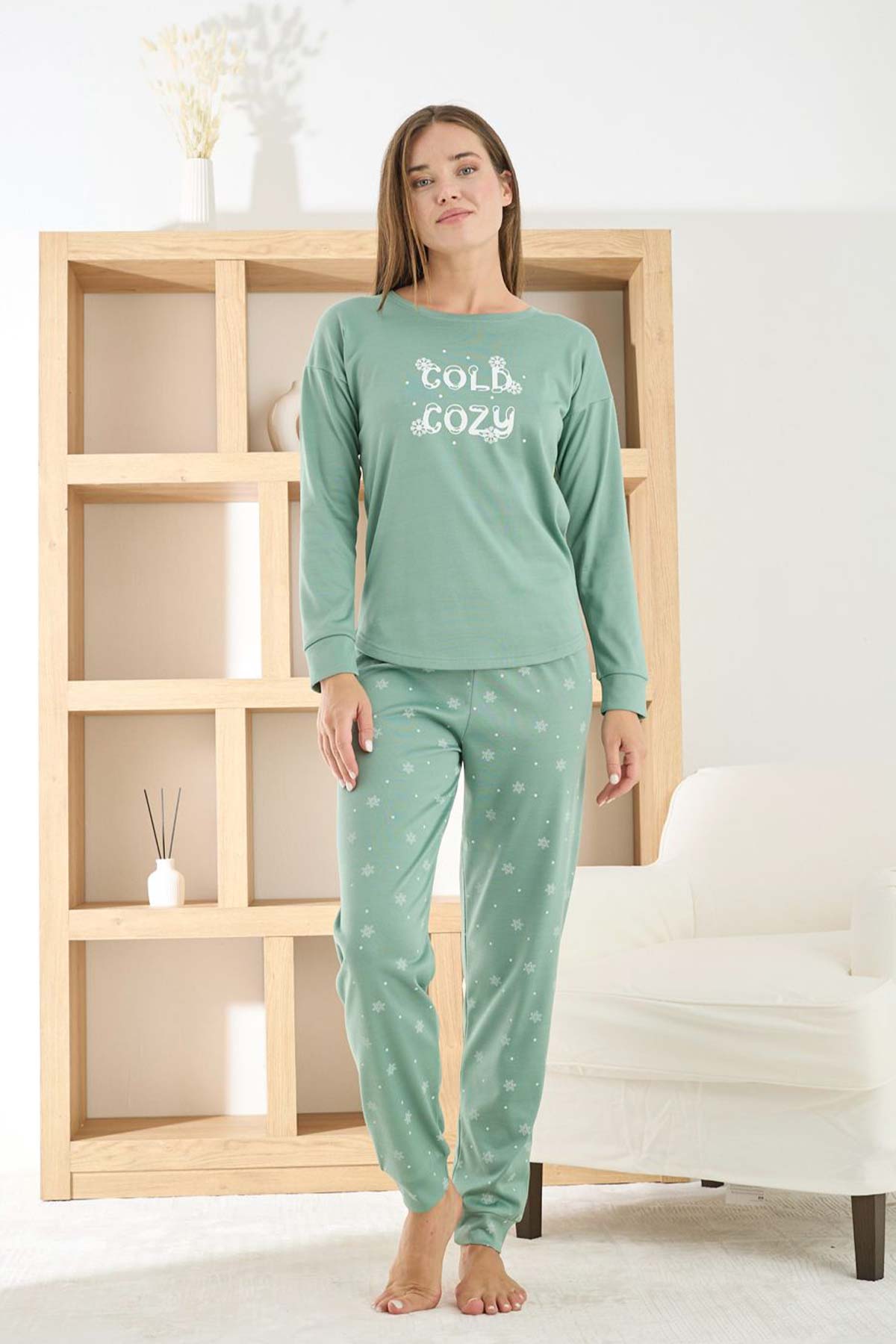 Pijamoni Kadın Pijama Takımı Uzun Kollu Bisiklet Yaka Termosoft Manşetli Paça