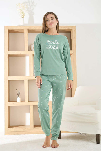 Pijamoni Kadın Pijama Takımı Uzun Kollu Bisiklet Yaka Termosoft Manşetli Paça