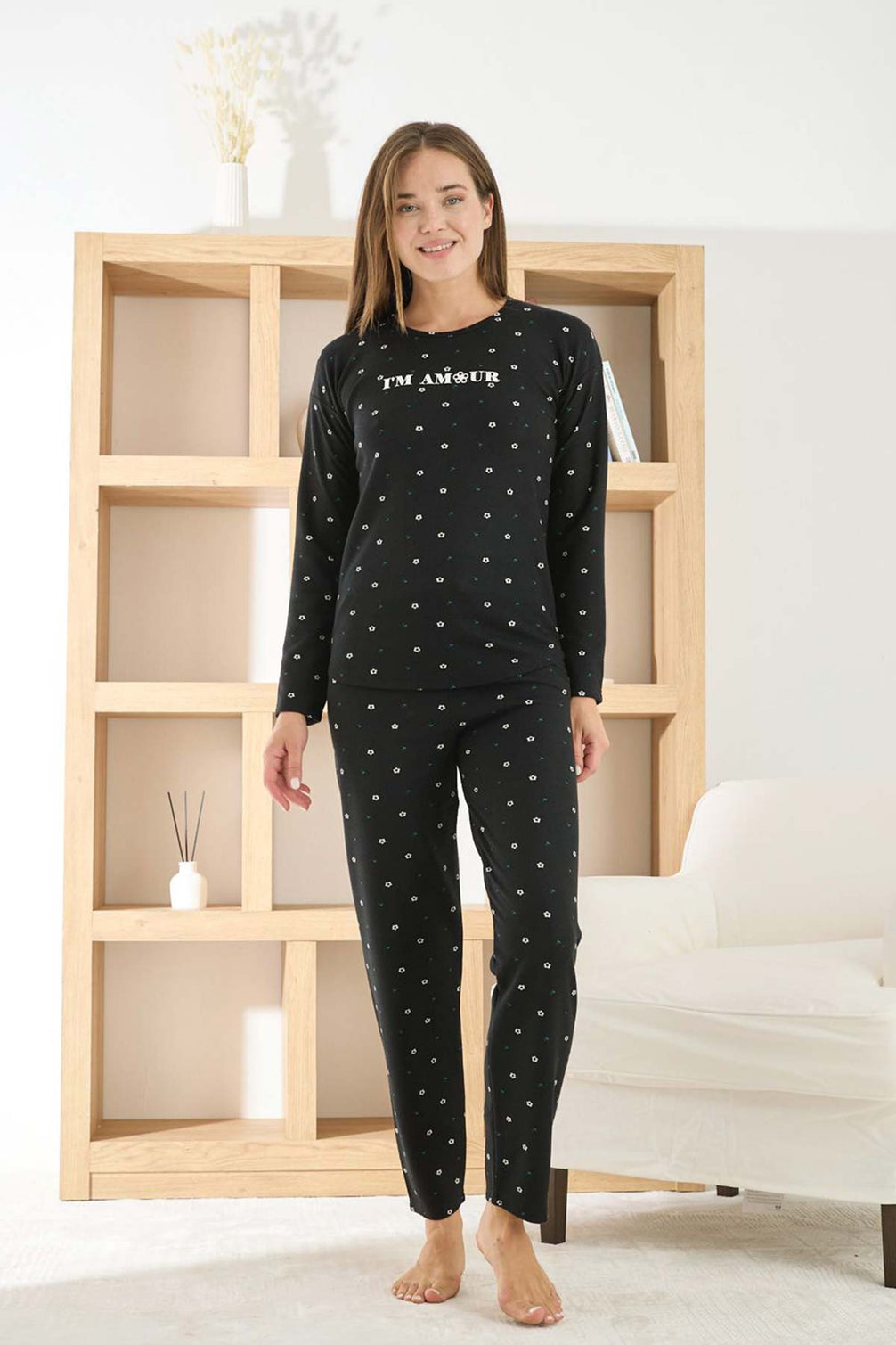 Pijamoni Kadın Pijama Takımı Uzun Kollu Bisiklet Yaka Waffle Kumaş Desenli