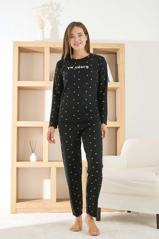 Pijamoni Kadın Pijama Takımı Uzun Kollu Bisiklet Yaka Waffle Kumaş Desenli