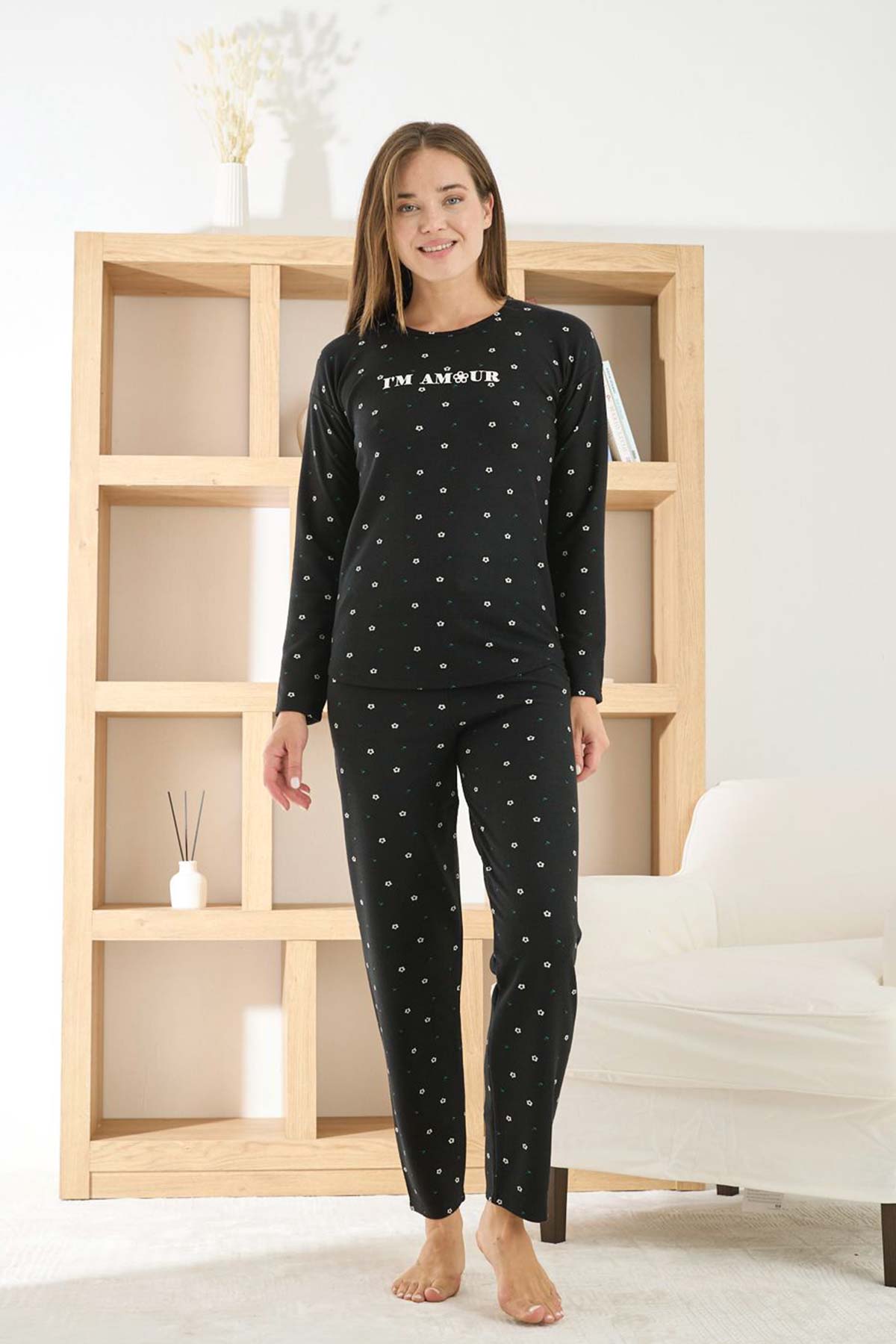 Pijamoni Kadın Pijama Takımı Uzun Kollu Bisiklet Yaka Waffle Kumaş Desenli