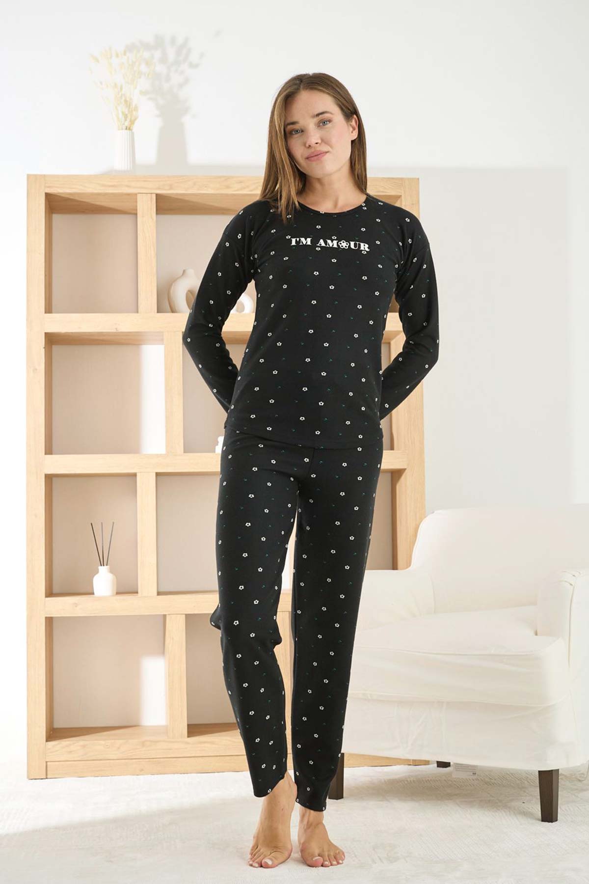 Pijamoni Kadın Pijama Takımı Uzun Kollu Bisiklet Yaka Waffle Kumaş Desenli