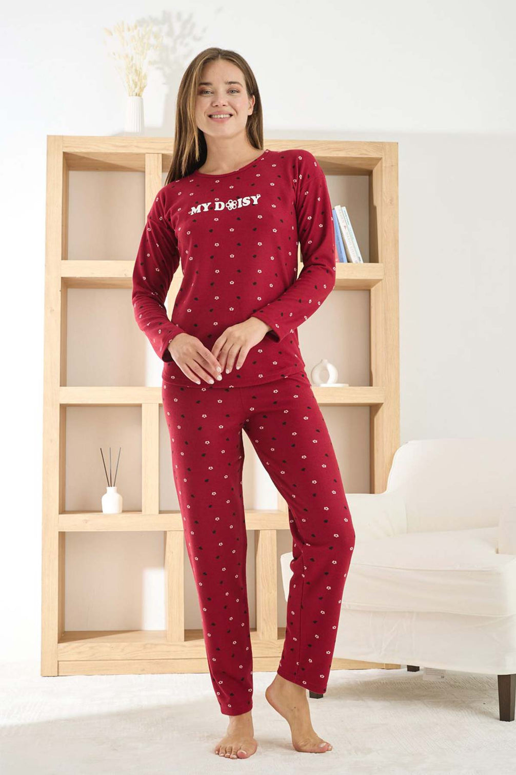 Pijamoni Kadın Pijama Takımı Uzun Kollu Bisiklet Yaka Waffle Kumaş Desenli