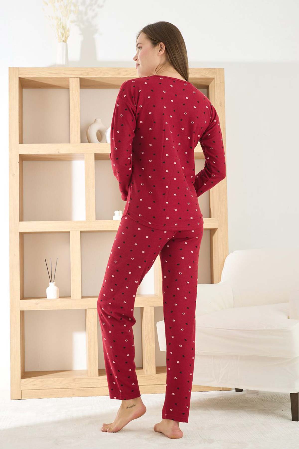 Pijamoni Kadın Pijama Takımı Uzun Kollu Bisiklet Yaka Waffle Kumaş Desenli