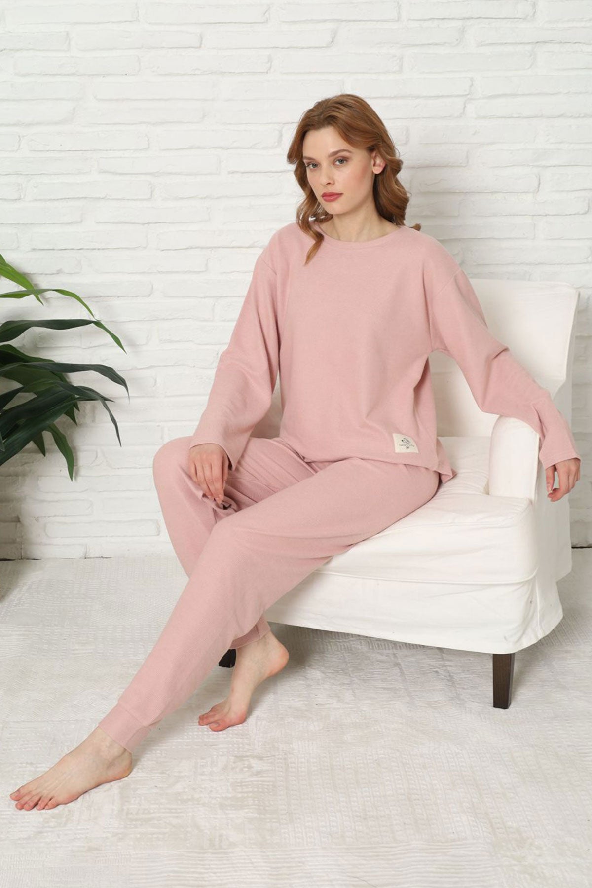 Pijamoni Kadın Pijama Takımı Uzun Kollu Bisiklet Yaka Waffle Kumaş Düz Paça Manşetli