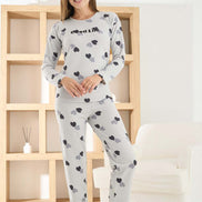 Pijamoni Kadın Pijama Takımı Uzun Kollu Bisiklet Yaka Waffle Kumaş Kalpli