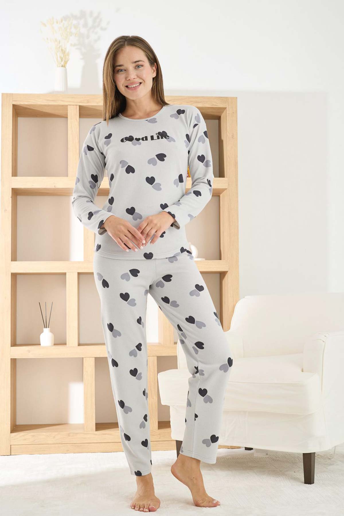 Pijamoni Kadın Pijama Takımı Uzun Kollu Bisiklet Yaka Waffle Kumaş Kalpli