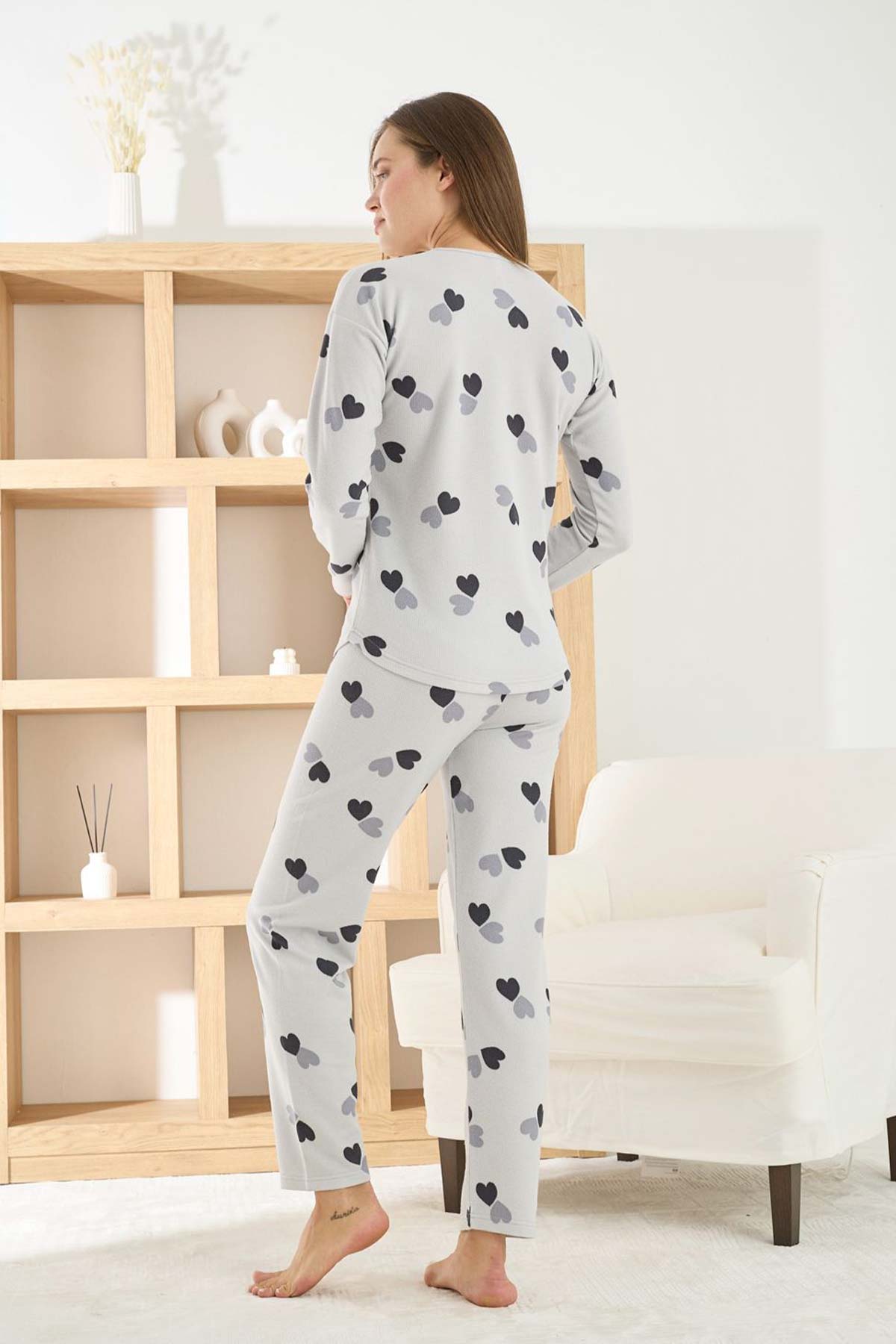 Pijamoni Kadın Pijama Takımı Uzun Kollu Bisiklet Yaka Waffle Kumaş Kalpli