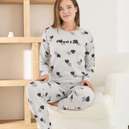 Pijamoni Kadın Pijama Takımı Uzun Kollu Bisiklet Yaka Waffle Kumaş Kalpli