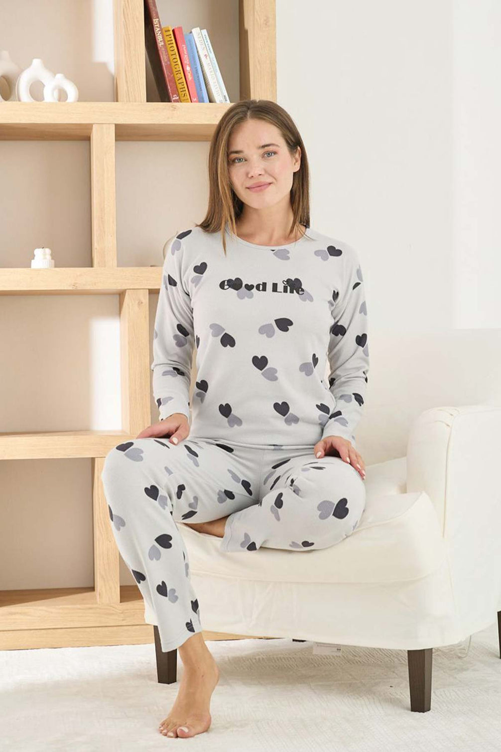 Pijamoni Kadın Pijama Takımı Uzun Kollu Bisiklet Yaka Waffle Kumaş Kalpli