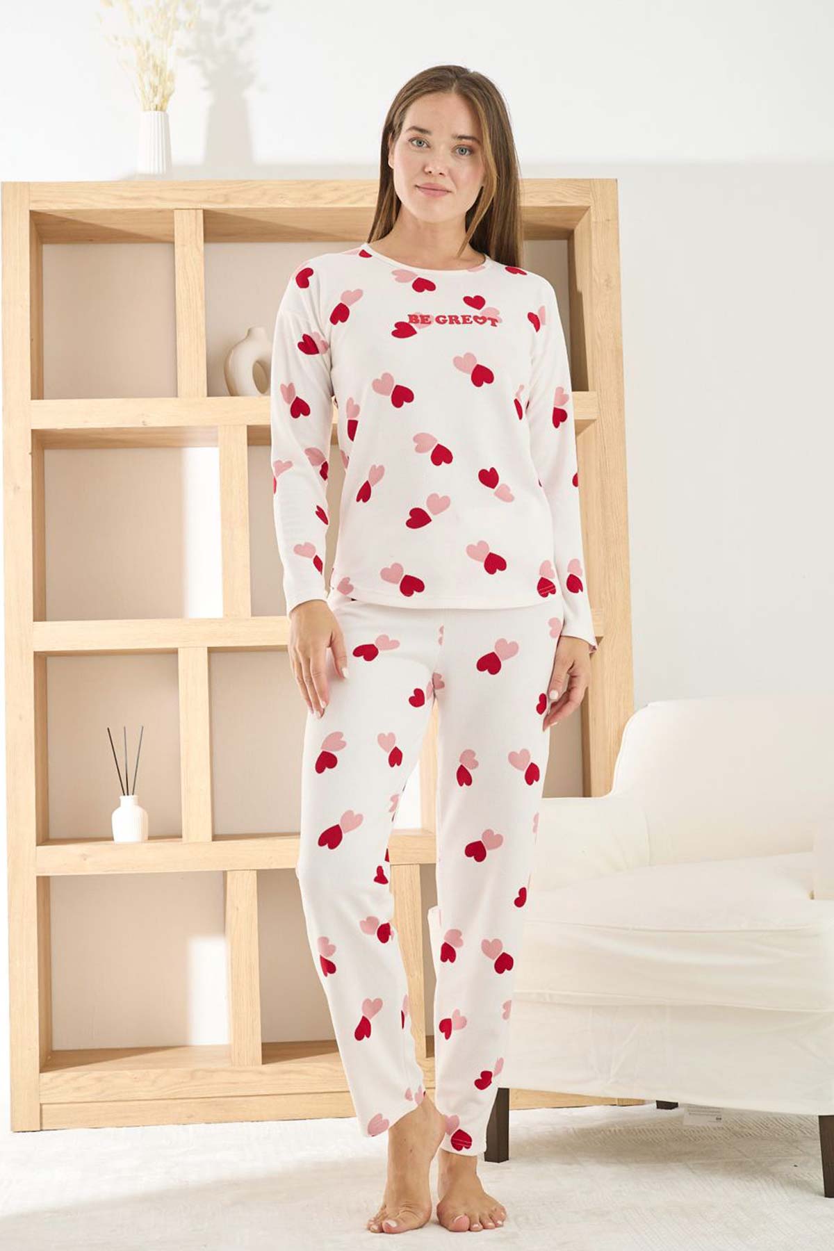 Pijamoni Kadın Pijama Takımı Uzun Kollu Bisiklet Yaka Waffle Kumaş Kalpli