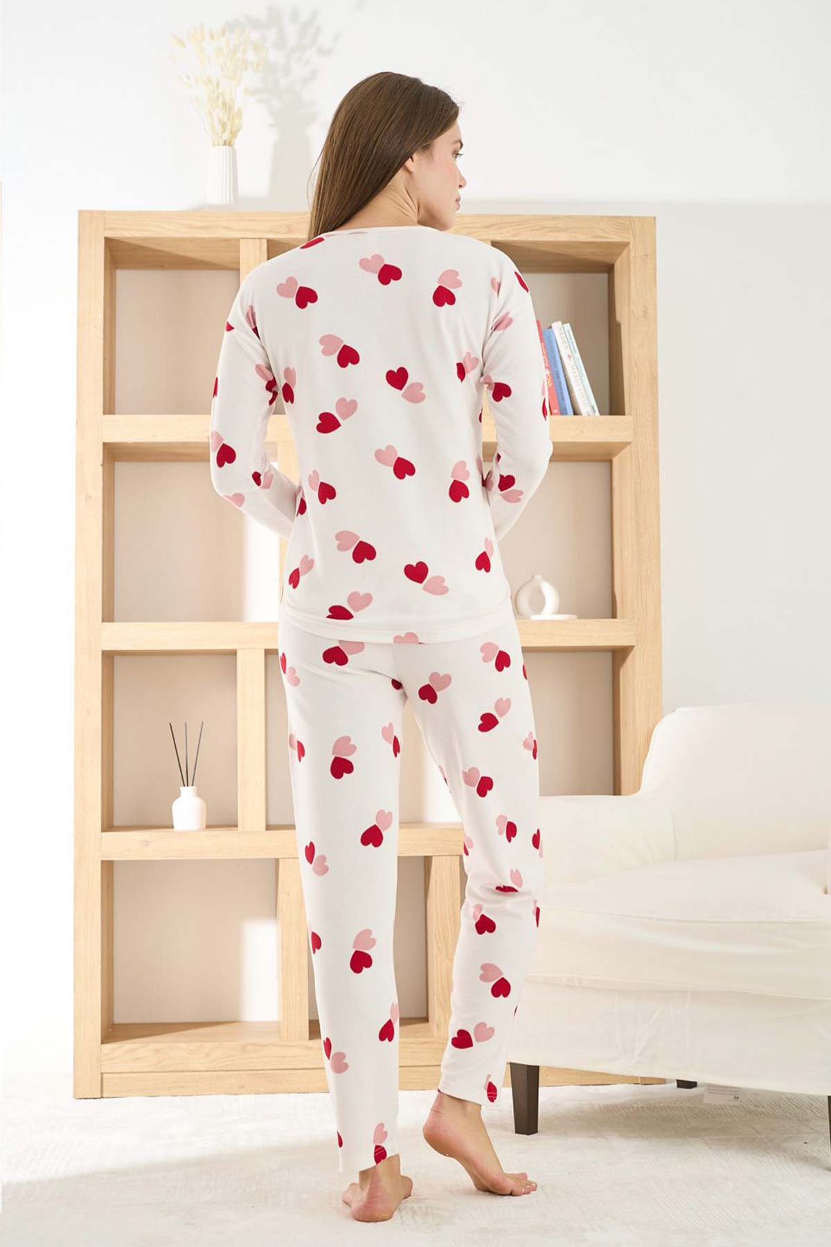 Pijamoni Kadın Pijama Takımı Uzun Kollu Bisiklet Yaka Waffle Kumaş Kalpli