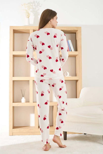 Pijamoni Kadın Pijama Takımı Uzun Kollu Bisiklet Yaka Waffle Kumaş Kalpli