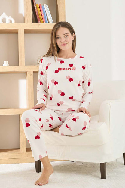 Pijamoni Kadın Pijama Takımı Uzun Kollu Bisiklet Yaka Waffle Kumaş Kalpli