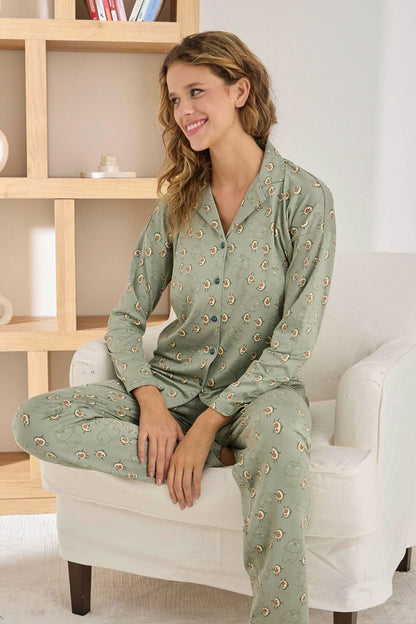 Pijamoni Kadın Pijama Takımı Uzun Kollu Gömlek Yaka Avakado Desenli Sofya