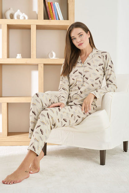 Pijamoni Kadın Pijama Takımı Uzun Kollu Gömlek Yaka Berlin Raporlu Bulut Desenli