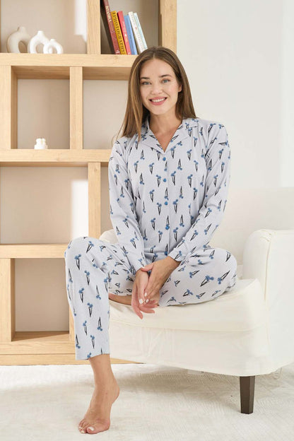 Pijamoni Kadın Pijama Takımı Uzun Kollu Gömlek Yaka Berlin Raporlu Marin