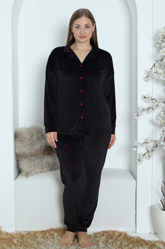 Pijamoni Kadın Pijama Takımı Uzun Kollu Gömlek Yaka Büyük Beden Kadife Manşetli Paça