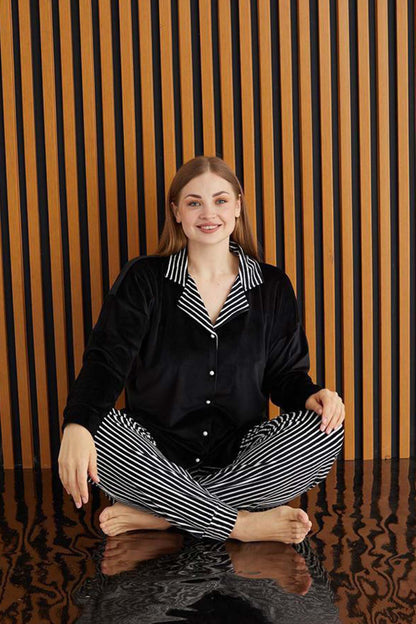 Pijamoni Kadın Pijama Takımı Uzun Kollu Gömlek Yaka Büyük Beden Kadife Manşetli Paça Çizgili