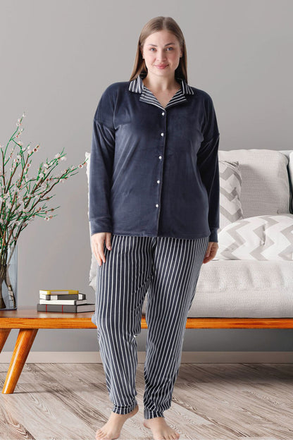 Pijamoni Kadın Pijama Takımı Uzun Kollu Gömlek Yaka Büyük Beden Kadife Manşetli Paça Çizgili