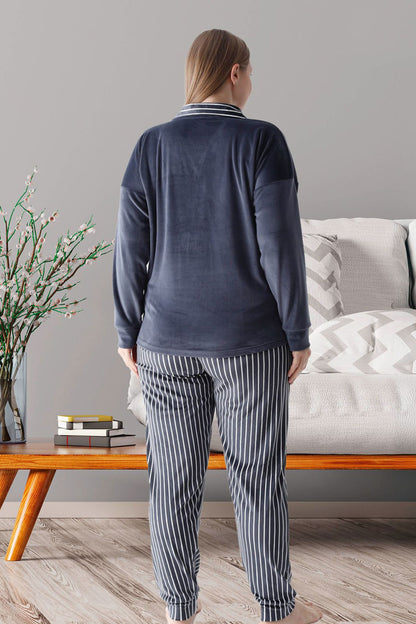Pijamoni Kadın Pijama Takımı Uzun Kollu Gömlek Yaka Büyük Beden Kadife Manşetli Paça Çizgili