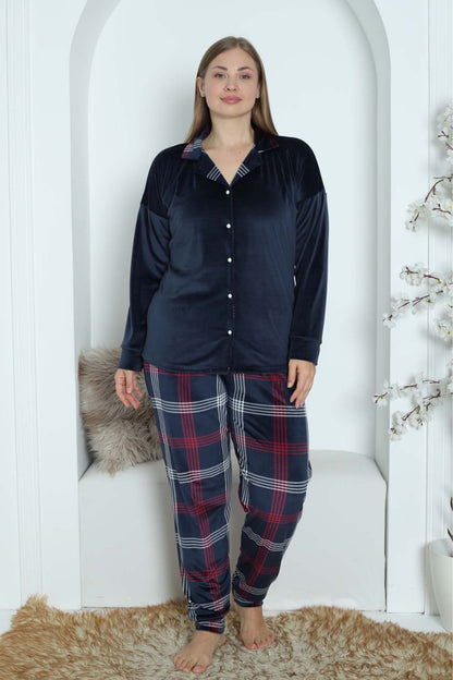 Pijamoni Kadın Pijama Takımı Uzun Kollu Gömlek Yaka Büyük Beden Kadife Manşetli Paça Ekose