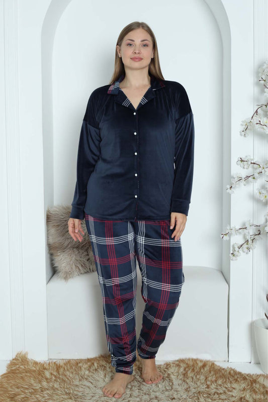 Pijamoni Kadın Pijama Takımı Uzun Kollu Gömlek Yaka Büyük Beden Kadife Manşetli Paça Ekose