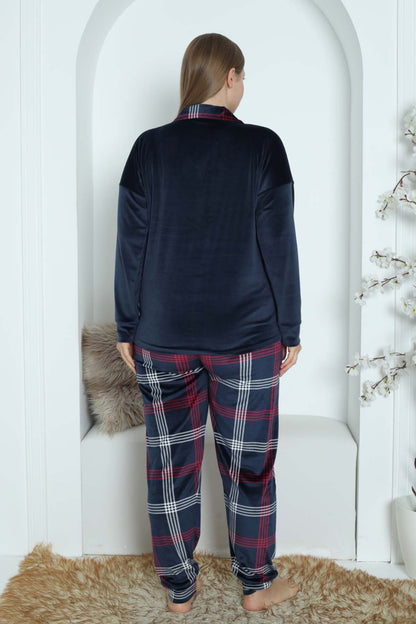 Pijamoni Kadın Pijama Takımı Uzun Kollu Gömlek Yaka Büyük Beden Kadife Manşetli Paça Ekose