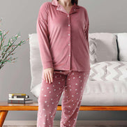 Pijamoni Kadın Pijama Takımı Uzun Kollu Gömlek Yaka Büyük Beden Kadife Manşetli Paça Kalpli