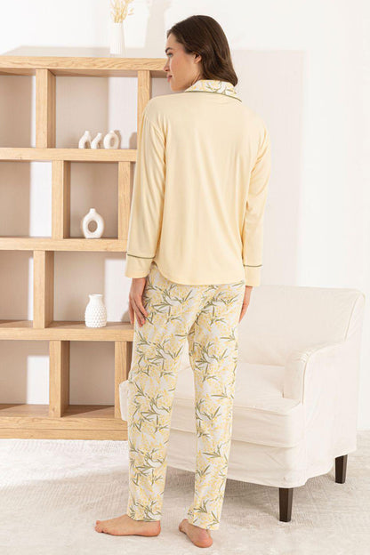 Pijamoni Kadın Pijama Takımı Uzun Kollu Gömlek Yaka Cepli Milan Kumaş Çiçek Desenli