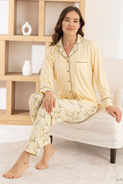 Pijamoni Kadın Pijama Takımı Uzun Kollu Gömlek Yaka Cepli Milan Kumaş Çiçek Desenli