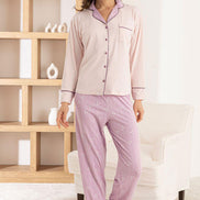 Pijamoni Kadın Pijama Takımı Uzun Kollu Gömlek Yaka Cepli Milan Kumaş Çiçek Desenli