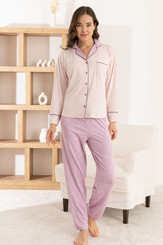 Pijamoni Kadın Pijama Takımı Uzun Kollu Gömlek Yaka Cepli Milan Kumaş Çiçek Desenli