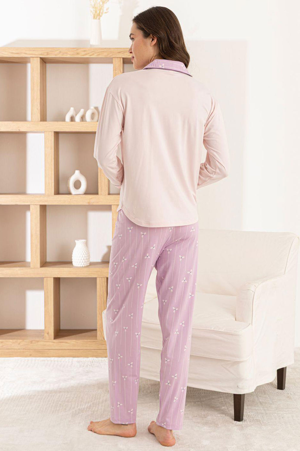 Pijamoni Kadın Pijama Takımı Uzun Kollu Gömlek Yaka Cepli Milan Kumaş Çiçek Desenli