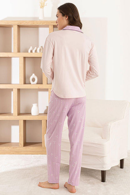 Pijamoni Kadın Pijama Takımı Uzun Kollu Gömlek Yaka Cepli Milan Kumaş Çiçek Desenli