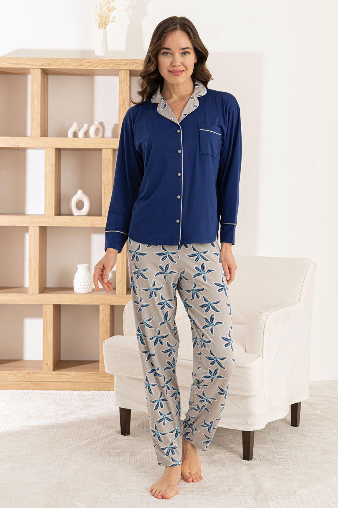 Pijamoni Kadın Pijama Takımı Uzun Kollu Gömlek Yaka Cepli Milan Kumaş Çiçek Desenli