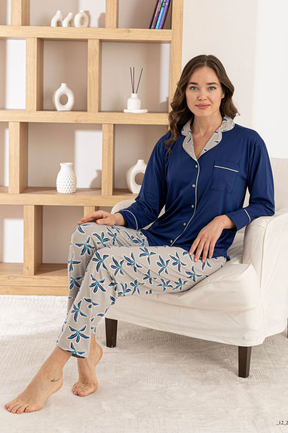 Pijamoni Kadın Pijama Takımı Uzun Kollu Gömlek Yaka Cepli Milan Kumaş Çiçek Desenli